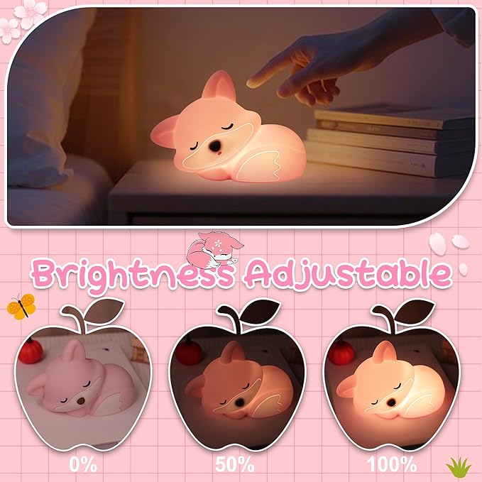 Fox Lamp for Girls, Pink Silicone Squishy Fox Shaped, 20 Mins Auto-Off Rechargeable Dimmable Night Light, Fox Gifts for Nursery Baby Girl Women, Christmas Idea