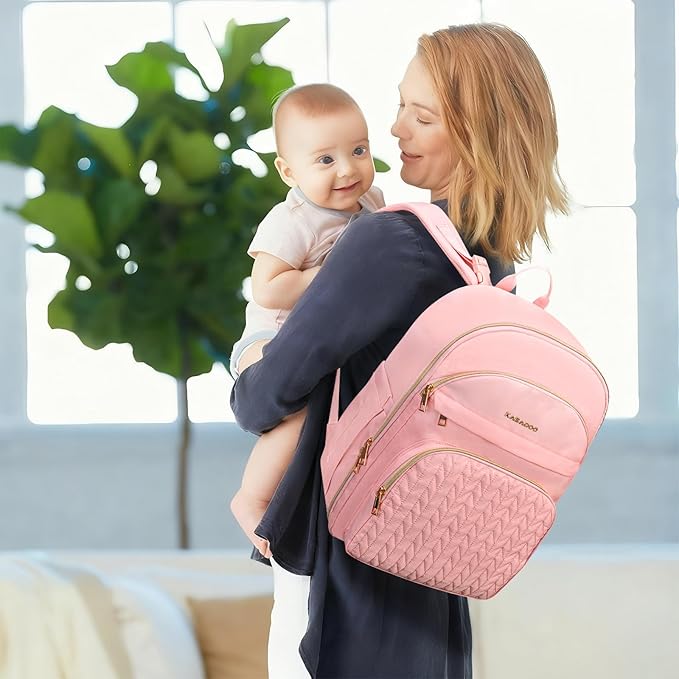 KABAQOO Baby Diaper Bag Backpack, Waterproof Diaper Backpack for Mom & Dad with Changing Pad, Insulated Pockets and Stroller Straps, Baby Shower Gifts for Girls & Boys, Pink