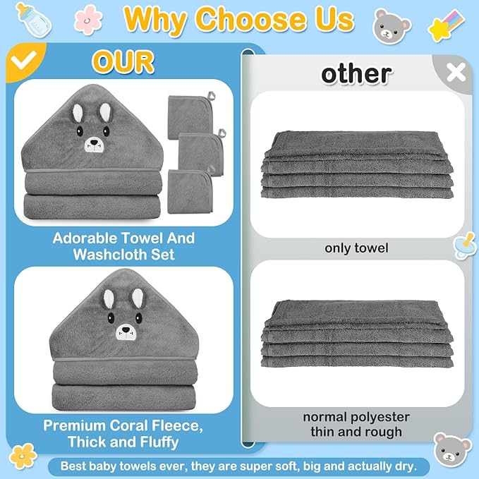 4 PCS Hooded Baby Towels, Soft Baby Towel, Absorbent Baby Bath Towel, Baby Towels and 3 PCS Baby Washcloths for Newborns, Toddlers, and Kids, 32x32 in Baby Towel with Hood for Boy and Girl (Gray Bear)