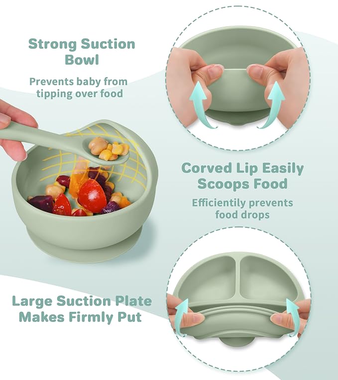 Silicone Baby Feeding Set, 10 Pcs Baby Led Weaning Supplies Baby Eating Essentials Set with Suction Bowl Divided Plate Adjustable Bib Soft Spoon Fork Cup with Lid Drinking Cup, Travel Bag (Green)