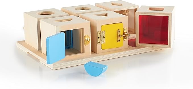 Guidecraft Peekaboo Lock Boxes with Storage Tray: Sorting & Stacking Toy for Children - Kids Early Learning , Multi-colored Wooden Educational Toddler Toy