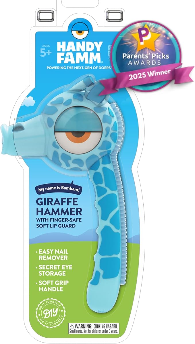 Handy Famm Real Metal Blue Giraffe Hammer for Kids, Patented Safety Mouth Sleeve and Nail Remover, STEM DIY Tool for Children Ages 5 and Up