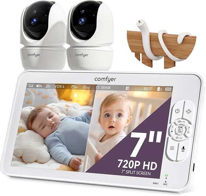 7" Split-Screen Baby Monitor with 2 1080P Cameras, 720P HD No WiFi Monitor with a Flexible Bracket, 6000mAh Battery, VOX Mode, 2 Way Audio, Remote PTZ, Auto Night Vision