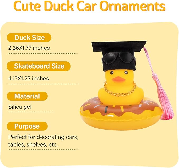 wonuu Car Rubber Duck, Yellow Duck Decoration Dashboard with Sun Hat Swim Ring Necklace Sunglasses for Car Dashboard Decorations, Black Top Hat Pink-Donut
