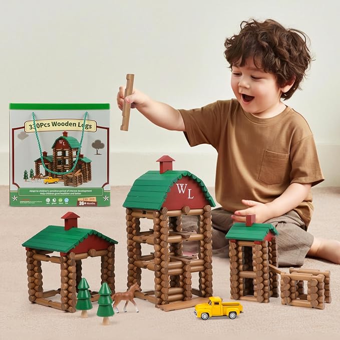 Wondertoys 330 Pcs Wooden Log Set Real Wood Logs Classic Building Log Ages 3+ Best Retro Building Gift Set for Boys Creative Construction Engineering Educational Gifts