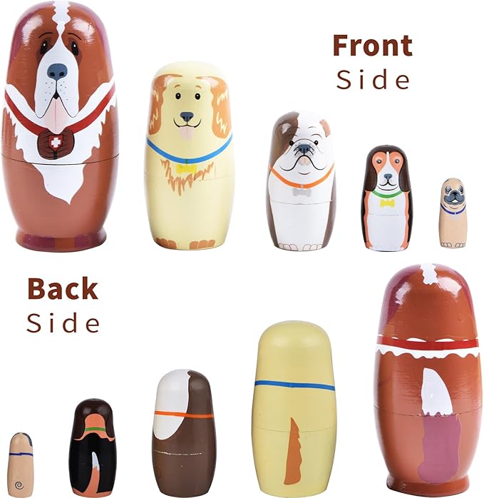 Nesting Dolls, 5Pcs 6" Tall Russian Nesting Dolls, Handmade Matryoshka for Kids, Wooden Stacking Toys for Christmas Home Wedding Party Decorations (Dog)