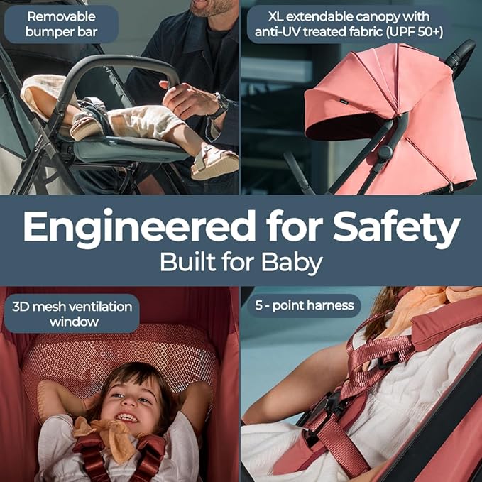 Inglesina Quid³ Stroller, Aurora Pink - Compact Reclining Travel Stroller for Baby & Toddler 0-55 lbs, One Hand fold, Airplane Overhead, Lightweight, Foldable, XL UPF 50+ Canopy