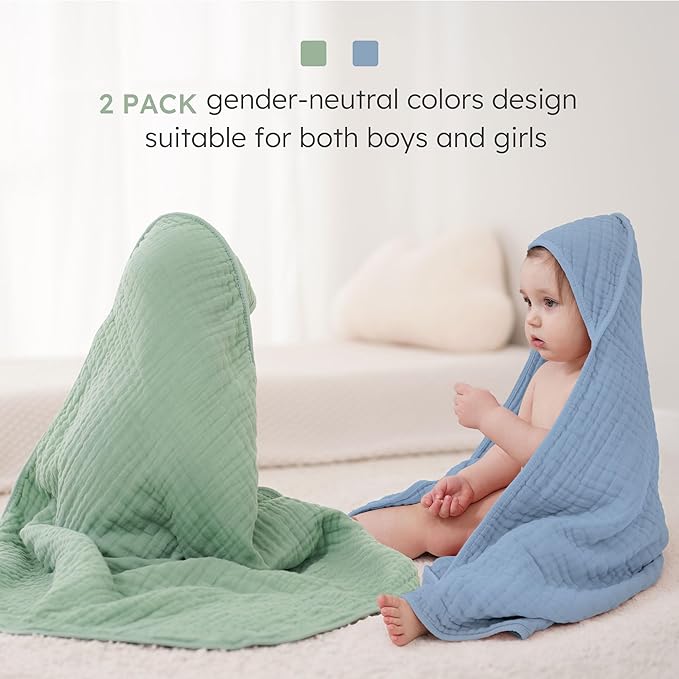 Looxii Baby Bath Towels 2 Pack Muslin Hooded Baby Towels for Newborn and Infants, 100% Cotton, Large 32x32Inch, Soft and Absorbent Blue+Green