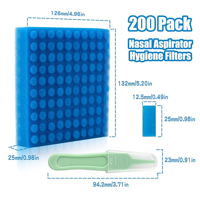 100-Pack of Premium Nasal Aspirator Hygiene Sponges, Replacement for Nosefrida Nasal Aspirator Filters, BPA, Phthalate & Latex-Free (100 Count +Tweezer)