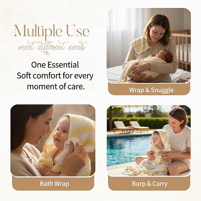 Muslin Hooded Baby Towel 4 Pack, Preuim Muslin 6 Layers Natural Cotton Baby Bath Towels, Soft and Comfortable for Boys,Girls (32 x 32, Yellow Striped and White)