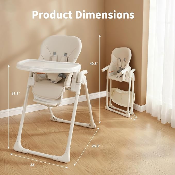 High Chair, Foldable High Chairs for Babies and Toddlers, Adjustable Height, Backrest and Footrest, Removable Tray, Beige