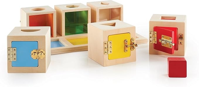 Guidecraft Peekaboo Lock Boxes with Storage Tray: Sorting & Stacking Toy for Children - Kids Early Learning , Multi-colored Wooden Educational Toddler Toy