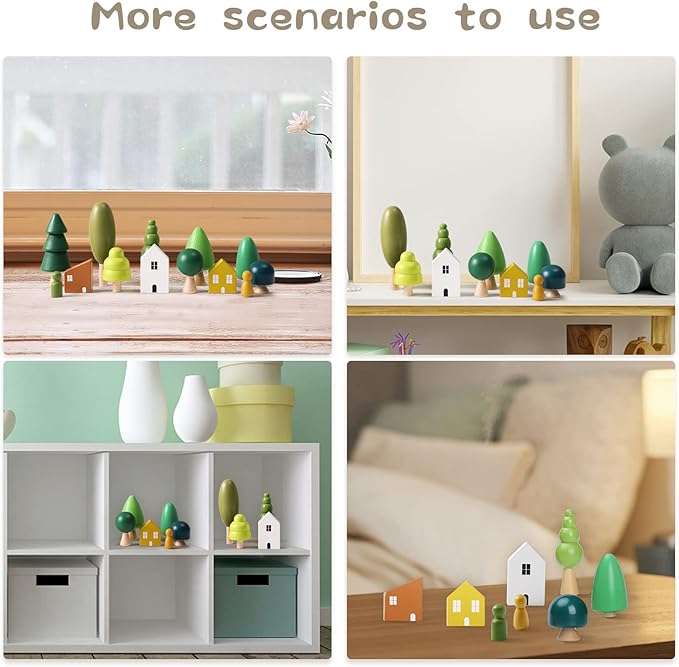 Wooden Forest House Stacking Toy Set with 13PCS Wood Miniature Tree Blocks Set Elegant Ornaments for Home Decor Accessories for Baby 36 Months+