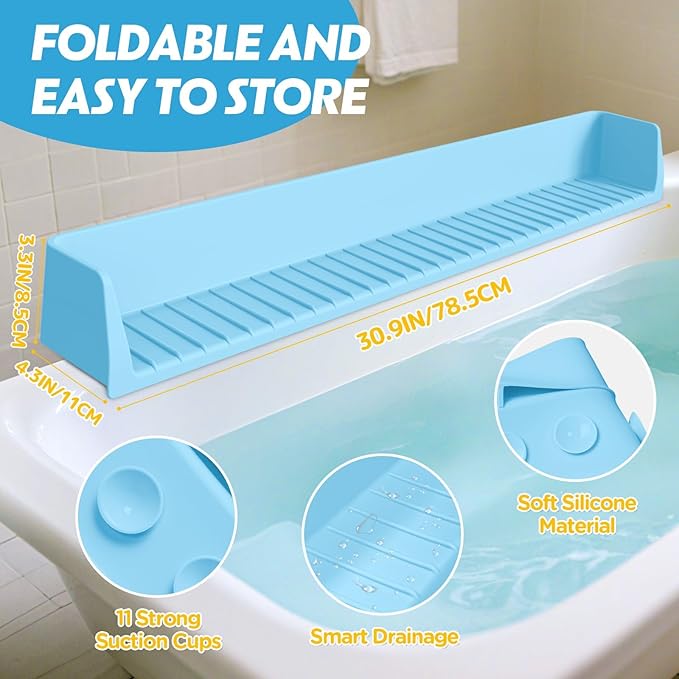 Silicone Bathtub Water Guard for Kids, Longer Play Tub Shelf with 11 Suction Cups, Toy Tray Caddy Holder Attaches to Bathtub Ledge, Prevents Water Spills in Bathroom, Fun Bath Time Storage (Baby Blue)