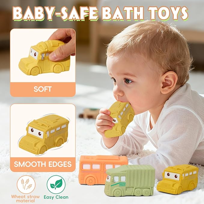 Mold Free Baby Bath Toys, 9 PCS No Hole Vehicle Bath Toys, Soft & Safe Toddler Bath Toy Set, Bathtub Water Beach Pool Toys for Babies 6-12 Months, Baby Gift for Christmas, Birthday, Stocking Stuffers
