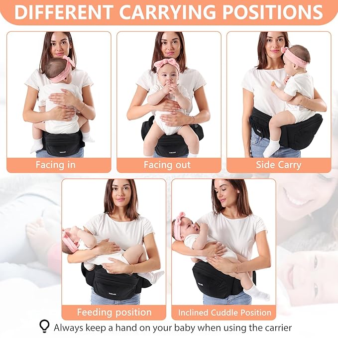 HKAI Baby Carrier Hip Seat, Mom’s Choice Award Winner, Advanced Large Capacity Pocket with Adjustable Waistband, Shock Absorption Hip Seat Surface for Newborns & Toddlers, (Black)