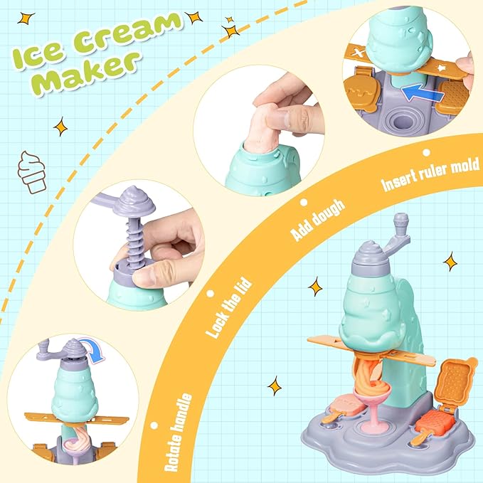 71 PCS 3 in 1 Dough Sets for Kids Ages 3-4-8, Art Crafts Dough Tools Kit, Ice Cream Playset Noodle Cake Maker Machine, Kitchen Creations Food Play Toys Boys Girls