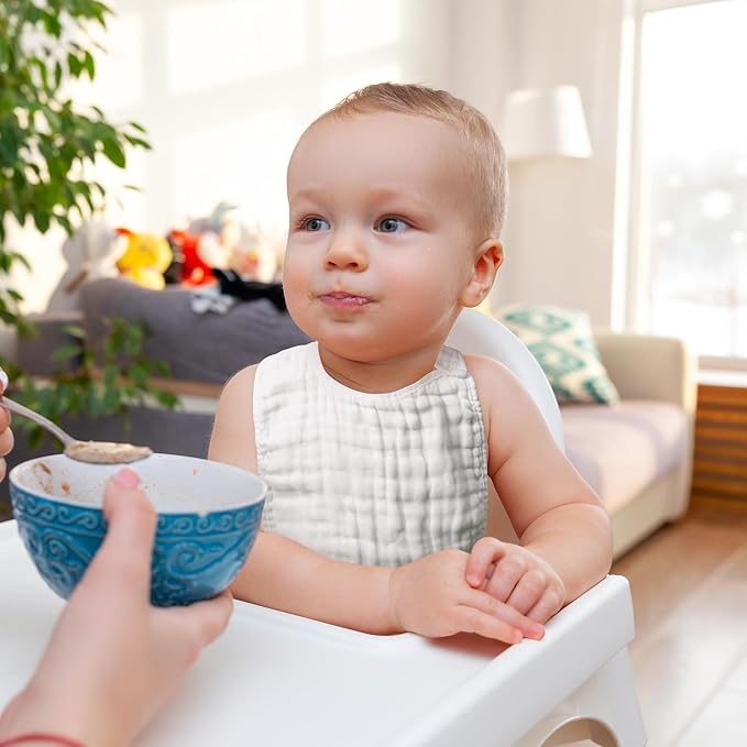 Zainpe 6Pcs Snap Muslin Cotton Baby Bibs White Grey Infants Drooling Bib Soft & Absorbent Adjustable Unisex Burp Cloths Feeding Cloth for Toddlers Girls Boys Newborns Eating Teething 0 to 24 Months