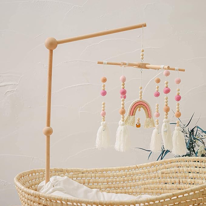 Baby 2In1 Set - Rainbow Mobile Crib Hanger,Baby Wooden Mobile Arm for Crib Baby Mobile Holder Bassinet Mobile for Crib Toy Mobile for Baby ( Pink )