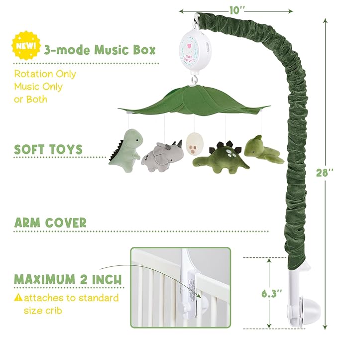 Dinosaur Crib Mobile – Grey and Green Dino Baby Crib Mobile with 3-Mode Music Box, Jurassic Dreams Baby Mobile for Boys & Girls, Nursery Mobiles, Fits Standard Cribs