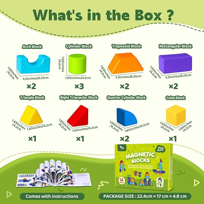 Magnetic Blocks, Large Building Blocks for Toddlers 1-3, Multi-Shape 3D Stacking Blocks Set, Montessori Learning Sensory Magnet Toys for Boys Girls, Kids Gift (14pcs)