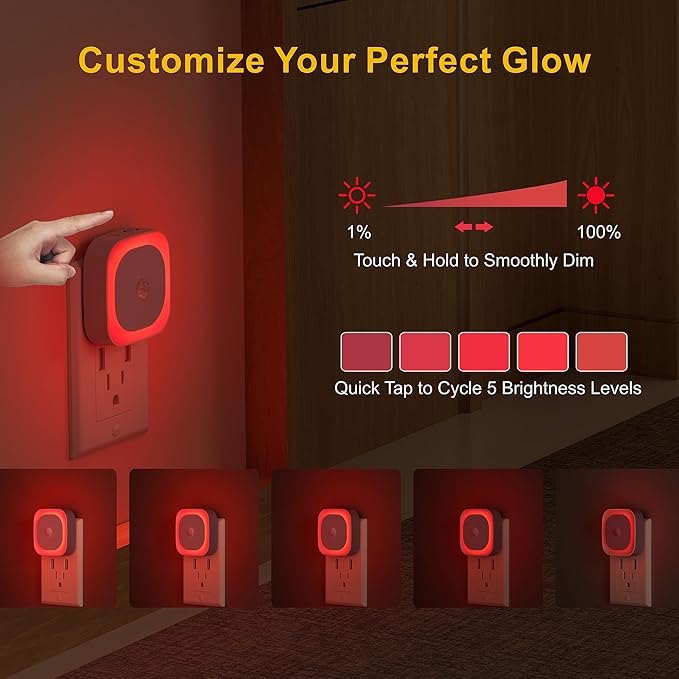 2 Pack Plug in Red Sleep Night Light with Motion Sensor & Dusk to Dawn Sensor, Soft Glow, Dimmable, LED Lights for Bedroom, Sleep, Baby Nursery, Kids, Toddler, Bathroom, Hallway, Home Decor