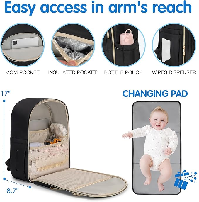 KABAQOO Baby Diaper Bag Backpack, Waterproof Diaper Backpack for Mom & Dad with Changing Pad, Insulated Pockets and Stroller Straps, Baby Shower Gifts for Girls & Boys, Black