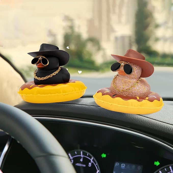 wonuu 2Pcs Car Dashboard Decorations Color Ducks, Rubber Duck for Car Ornament Accessories with Mini Hat Sunglasses Necklace and Swim Ring, A_Black&Brown Duck+Black Cowboy&Brown Cowboy