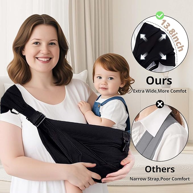 Plus Size Baby Sling Carrier - Baby Carrier Extended Adjustable Design for Larger Kids, Breathable Anti-Slip Support up to 45 lbs, ASTM Certified (Plus-Black)