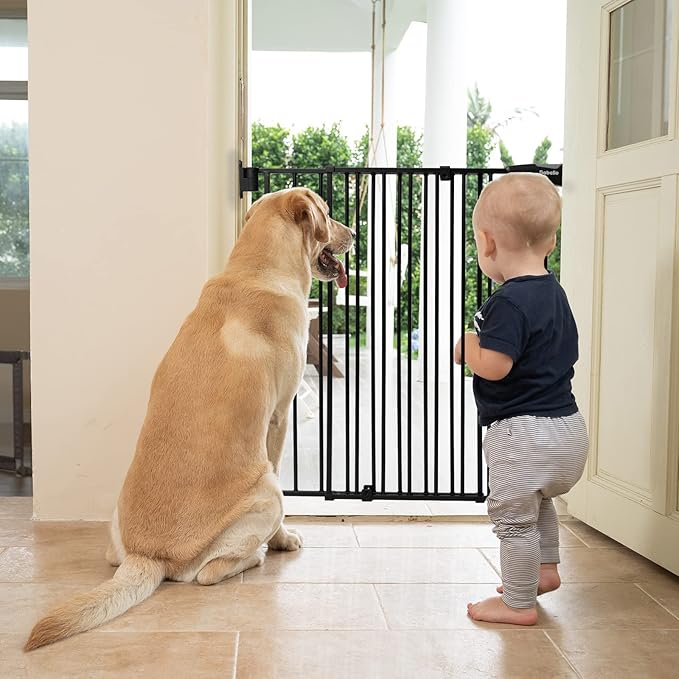 Babelio Baby Gate for Stairs & Doorways, 26-43" W 34" H Extra Tall| No Bottom Bar| Easy Installation| One-handed Operation| Auto-close| Hardware Mount (Drill Needed) Safety Dog/Pet Gate Indoor (Black)