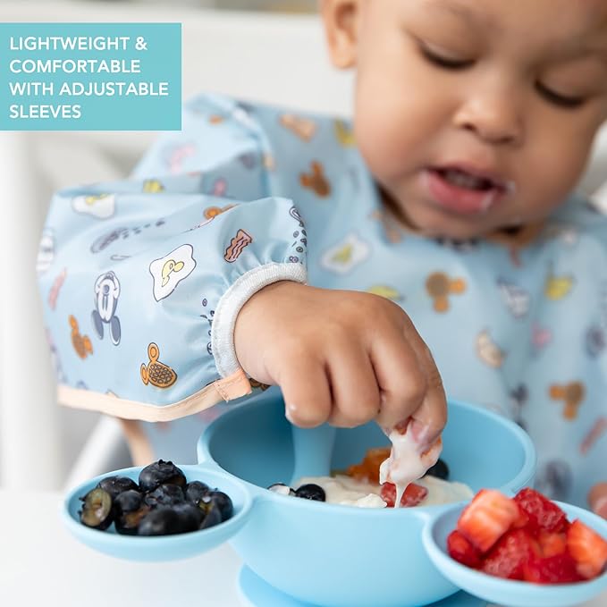 Bumkins Disney Sleeved Bib for Girl or Boy, Baby and Toddler for 6-24 Mos, Essential Must Have for Eating, Feeding, Baby Led Weaning Supplies, Long Sleeve Mess Saving Food Catcher, Mickey and Minnie