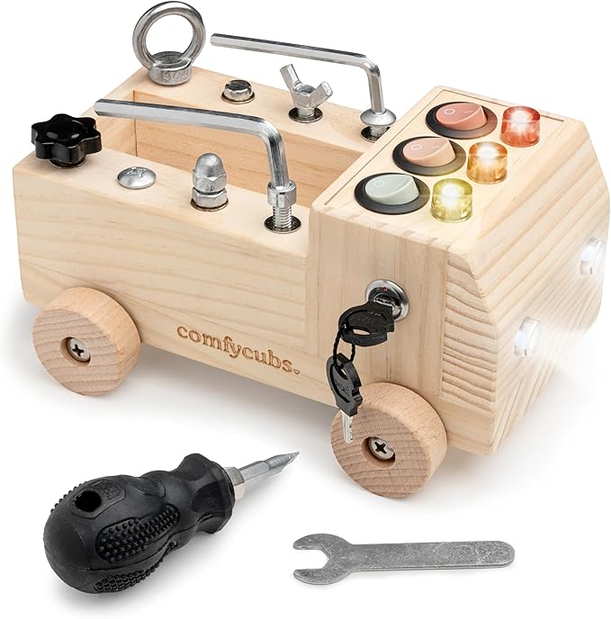 Comfy Cubs Busy Board Toy Truck Set - Fun & Noise-Free, Pine Wood Activity Board for Toddlers with LED Light Switch - Designed in The US, Focused & Engaging Montessori Play for Kids 3+ (Natural Wood)