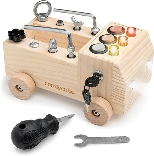 Comfy Cubs Busy Board Toy Truck Set - Fun & Noise-Free, Pine Wood Activity Board for Toddlers with LED Light Switch - Designed in The US, Focused & Engaging Montessori Play for Kids 3+ (Natural Wood)
