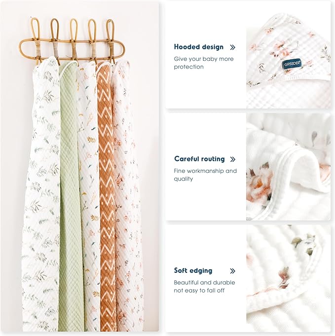 GRSSDER Ultra Soft Absorbent Muslin Cotton Baby Hooded Towel 2 Pack with Original Patterns, Extra Large Size 35"x 35" Swaddle Wrap for Newborn Infant and Toddler