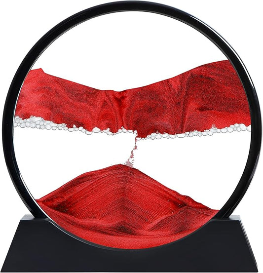 Moving Sand Art Liquid Motion, 3D Deep Sea Sandscape Color Quicksand Decor, Round Glass Moving Sand Art Picture Relaxing Desktop Home Office Work Decor (Red, 12 inch)