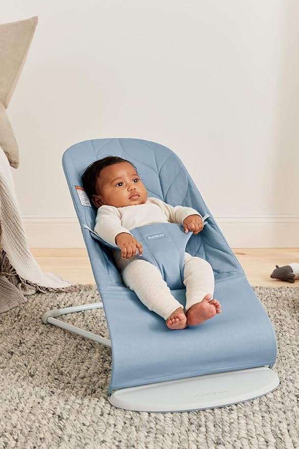 BabyBjörn Bouncer Bliss, Blue, Woven, Petal Quilt | 2-in-1 Adjustable Baby Bouncer Seat and Toddler Chair, Newborn to Toddler (8-29 lbs), 4 Positions, Lightweight & Portable