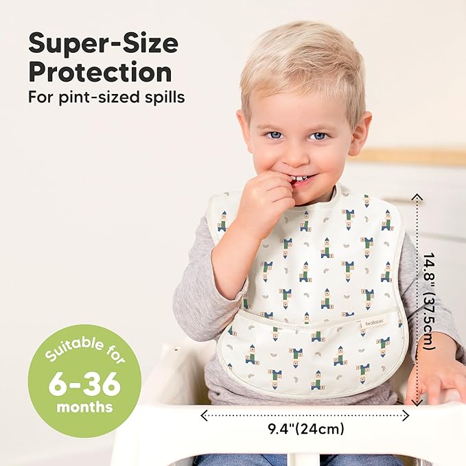 KeaBabies 3-Pack Waterproof Baby Bibs for Eating - Lightweight Toddler Feeding Bibs with Large Food Catcher, Mess Proof, Food-Grade Baby Eating Essentials, Easy to Put On & Clean (Toy Land)