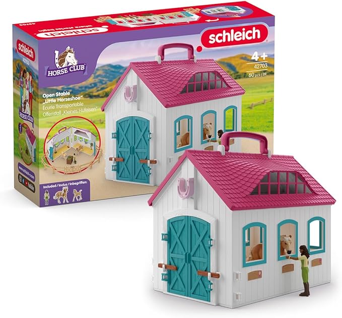 schleich Horse Club - 60PC Little Horseshoe Open Stable Playset - With 2 Horse Figurines, Action Figure, Stable and Accessories - Toy Horses for Girls and Boys - Kids Ages 5+ | 42703