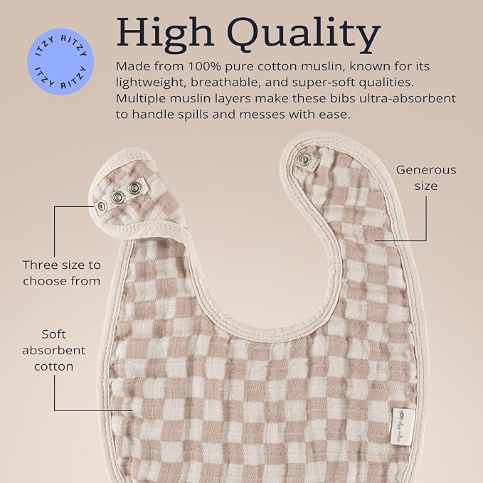 Itzy Ritzy Set of 3 Baby Bibs - Ultra-Soft Adjustable Infant & Toddler Bibs Made of Triple-Layer Cotton Muslin, Ideal for Drooling, Teething, & Eating -3 Stylish, Coordinating Prints (Checkerboard)