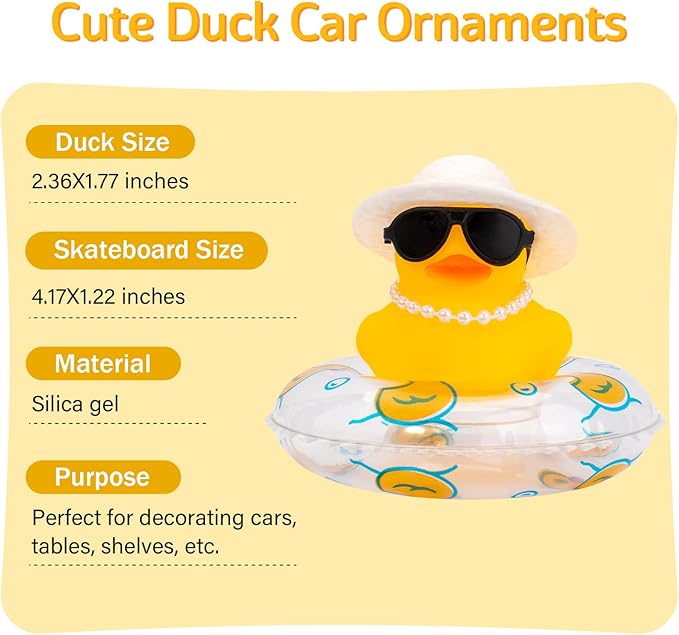 wonuu Car Rubber Duck, Yellow Duck Decoration Dashboard with Sun Hat Swim Ring Necklace Sunglasses for Car Dashboard Decorations