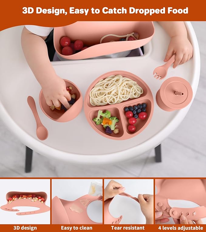 ECLIP Silicone Baby Feeding Set, 10 Pcs Baby Eating Essentials with Suction Bowl Divided Plate Adjustable Bib Soft Spoon Fork Snack Cup with Lid Drinking Cup, Utensil (Brick Red)