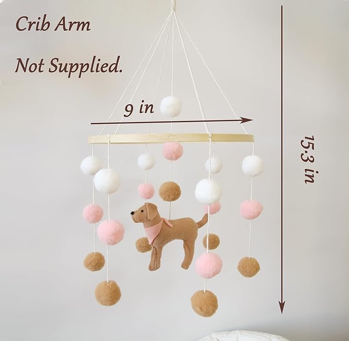 Baby Crib Mobile for Girls Boys Dog Theme Baby Mobile for Crib Mobile for Bassinet with Felt Ball, Pink