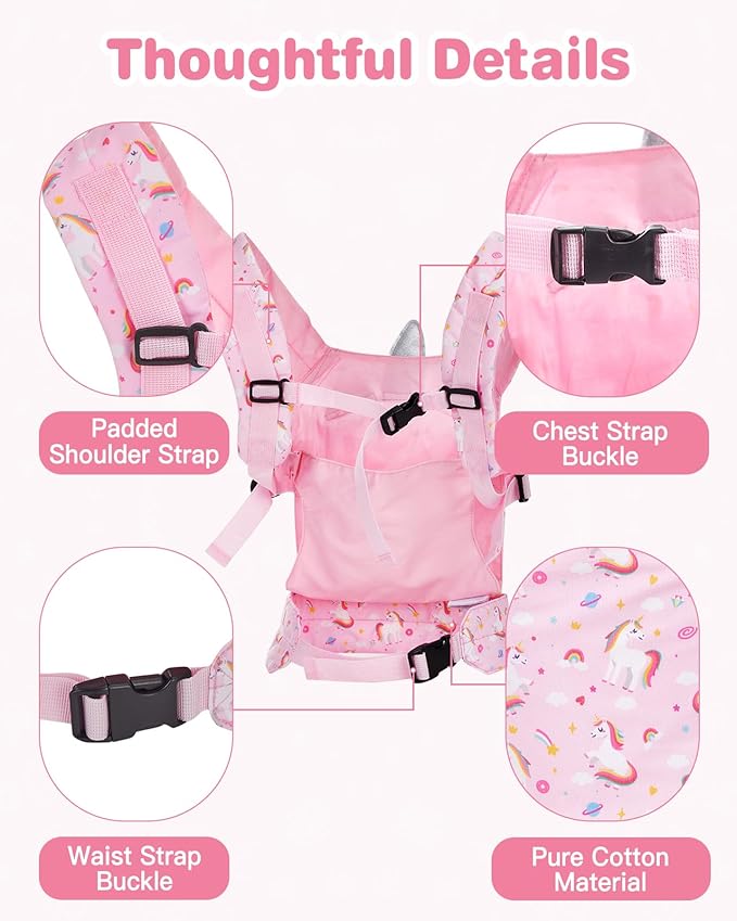 Lictin Baby Doll Carrier, Front and Back Doll Accessories Carrier for Little Girls, with Adjustable Straps for Stuffed Animal Reborn Baby Doll, Pink Unicorn