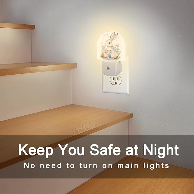 Easter Bunny and Flowers Night Light, Watercolor Cute Rabbit and Floral Dusk to Dawn Night Light Plug in,0.5w Energy Saving Sleep Friendly NightLight for Kids Boys Girls Home Decor