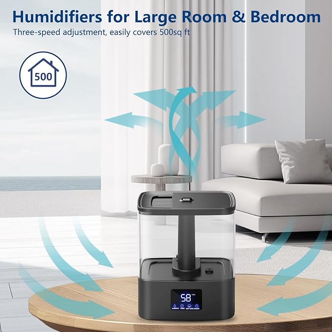 KZF Humidifier for Bedroom, 6L Ultrasonic Cool Mist Humidifier, Easy Clean Humidifier 3 Adjust the Humidity, Suitable for Bedroom Study Room Kids Room Yoga Office, Quite and Smart Top Fill Design