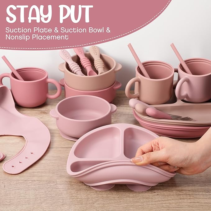 Yinder 24 Pack Silicone Baby Feeding Set Baby LED Weaning Supplies Includes Suction Divided Plates Soft Bowl Spoons Forks Adjustable Bib Snack Cup and Straws(Dark Pink, Dusty Pink, Peach Color)