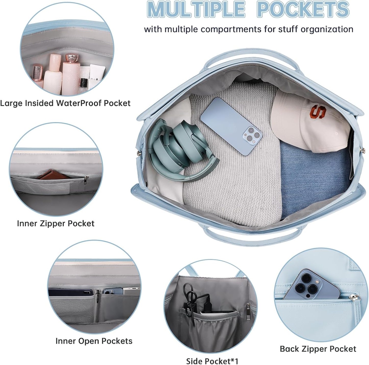 ETRONIK Weekender Overnight Bag for Women, Large Travel Duffle Bag with Shoe Compartment & Wet Pocket, Carry On Tote Bag Gym Duffel Bag with Toiletry Bag, 3 Pcs Set, Large Size, Light Blue