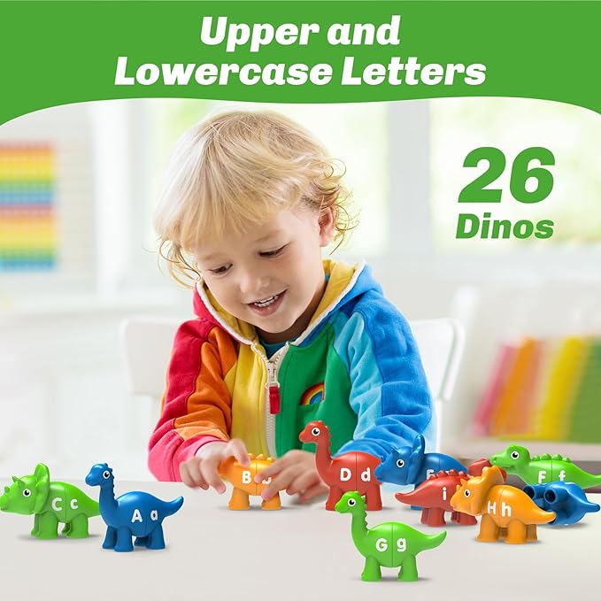 26PCS Dinosaur Alphabet Learning Toys for Kids 3-5, Montessori Educational Toys for 3 4 5 Year Old, Toddlers Preschool Activities Fine Motor Toys for Boys, Double Sided ABC Matching Game