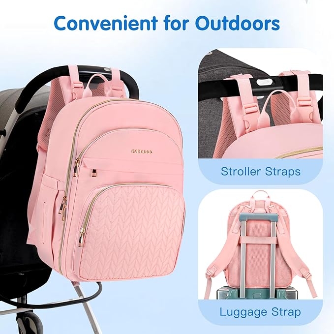 KABAQOO Baby Diaper Bag Backpack, Waterproof Diaper Backpack for Mom & Dad with Changing Pad, Insulated Pockets and Stroller Straps, Baby Shower Gifts for Girls & Boys, Pink