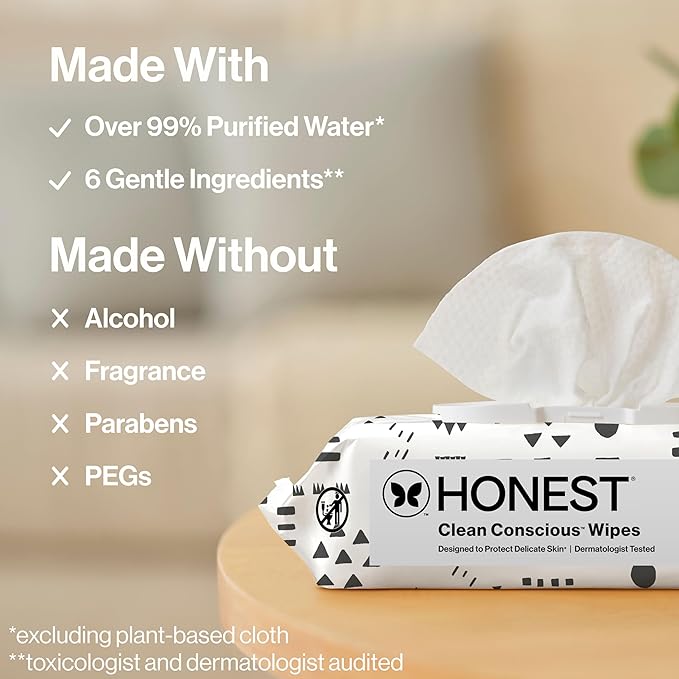 The Honest Company Clean Conscious Multi-Use Wipes, Unscented Hypoallergenic Baby Wipes for Sensitive Skin, 99% Water Plant-Based Compostable Wipes, Pattern Play, 720 Count